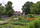 Ein üppiger Dorfgarten mit Gemüse, Kartoffel- und Zwiebelpflanzen sowie Blumen umgeben  von einem Lattenzaun.